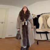 LIZAKOSHT  -  Patchwork Fur V-Neck Lace up Coat Woman Solid Color Long Sleeves Loose Warm Coats Luxury Chic Women's New Autumn Winter Jackets